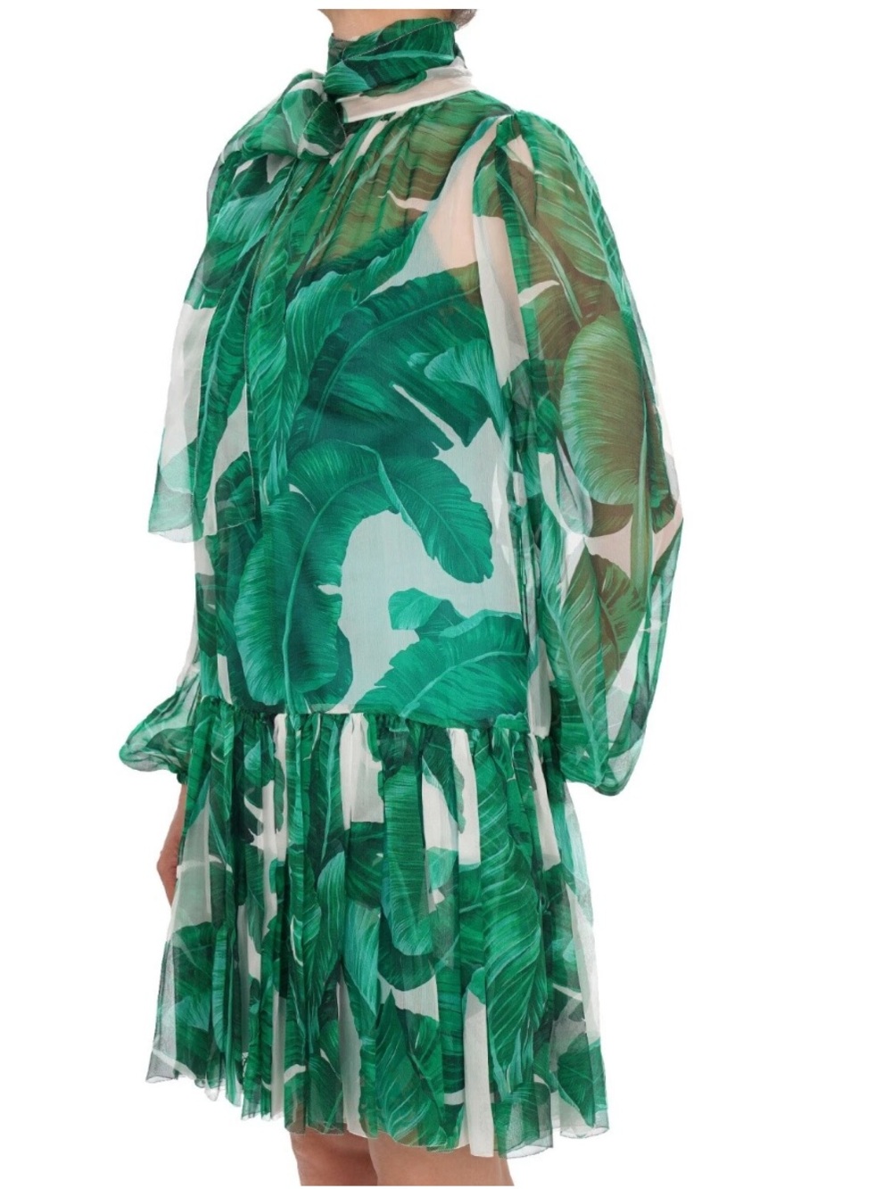 DOLCE & GABBANA Banana Leaf Silk Ribbon Dress White Green IT / 36 US XS - Picture 3 of 16